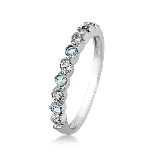 Genuine Aquamarine & White Topaz Stackable Ring with Milgrain Twist Band in 10K White Gold front view