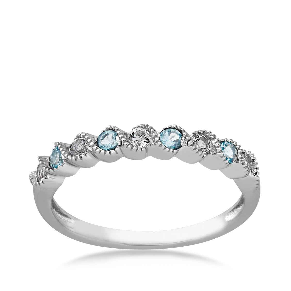 Genuine Aquamarine & White Topaz Stackable Ring with Milgrain Twist Band in 10K White Gold
