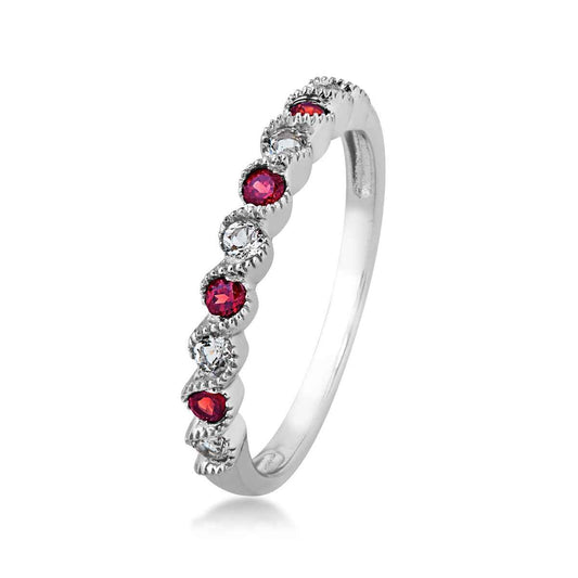 Created Round Ruby & Round White Topaz Stackable Ring with Milgrain Twist Band in 10K White Gold front view