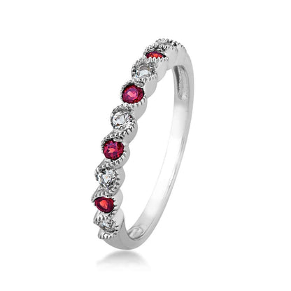 Created Round Ruby & Round White Topaz Stackable Ring with Milgrain Twist Band in 10K White Gold front view