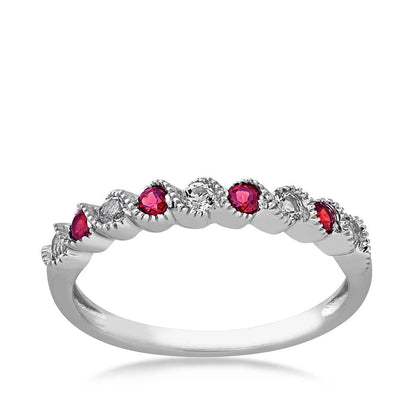 Created Round Ruby & Round White Topaz Stackable Ring with Milgrain Twist Band in 10K White Gold