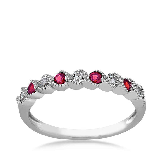 Created Round Ruby & Round White Topaz Stackable Ring with Milgrain Twist Band in 10K White Gold