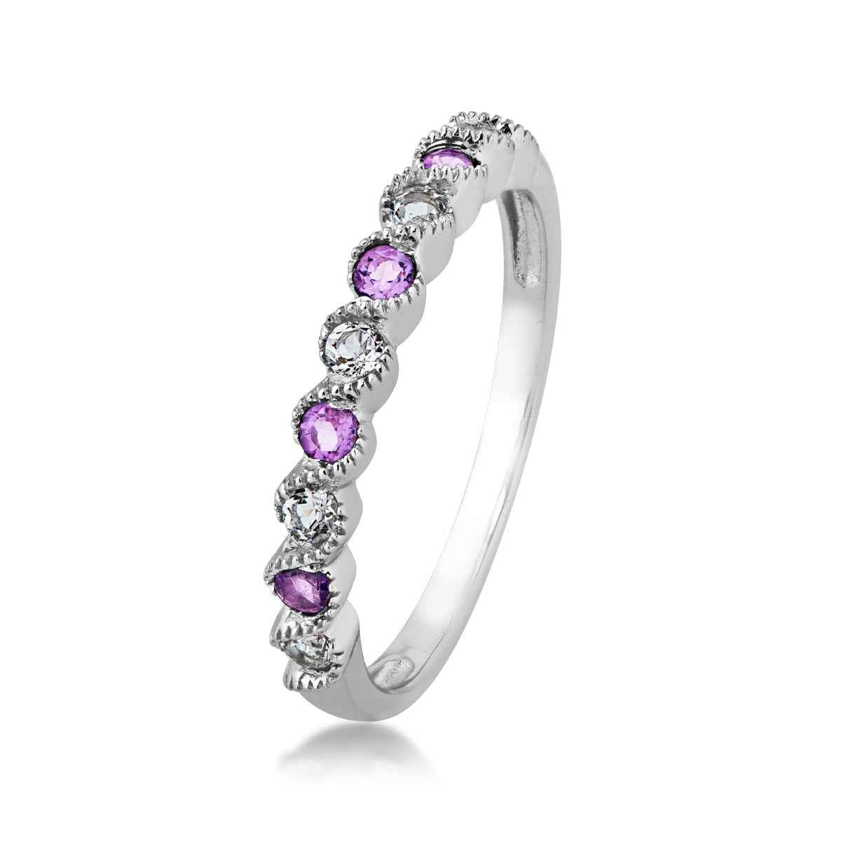 Genuine Amethyst & White Topaz Stackable Ring with Milgrain Twist Band in 10K White Gold front view