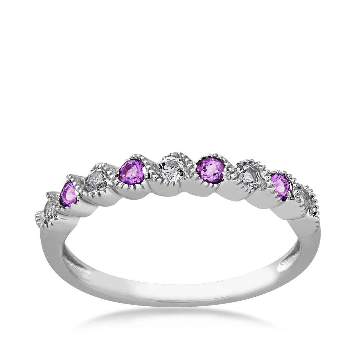 Genuine Amethyst & White Topaz Stackable Ring with Milgrain Twist Band in 10K White Gold