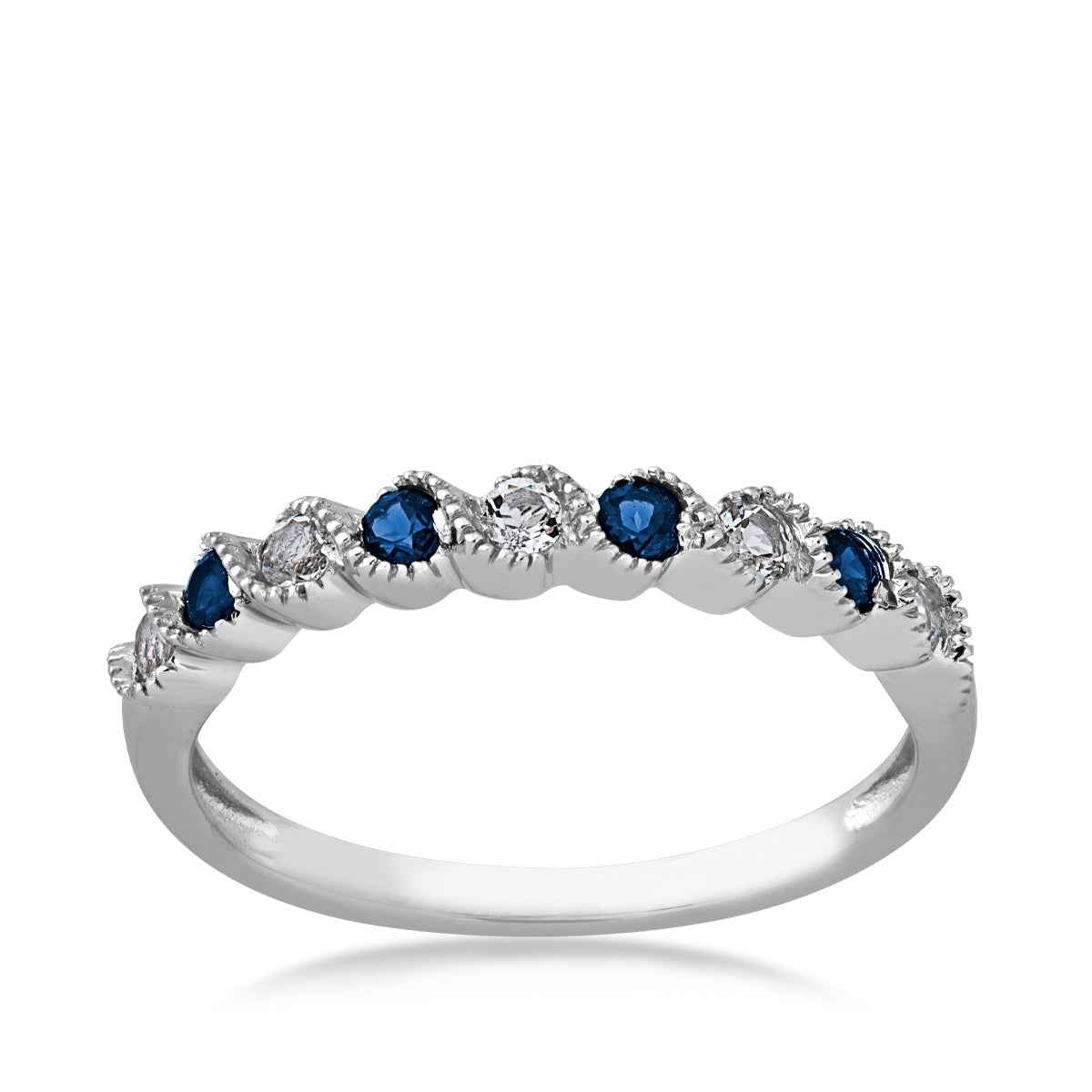 Created Sapphire & White Topaz Stackable Ring with Milgrain Twist Band in 10K White Gold