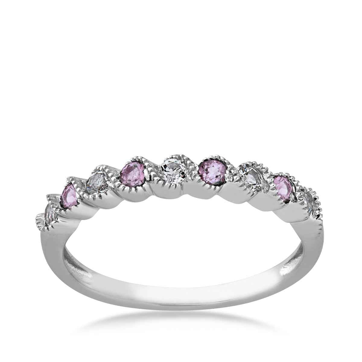 Created Alexandrite & White Topaz Stackable Ring with Milgrain Twist Band in 10K White Gold