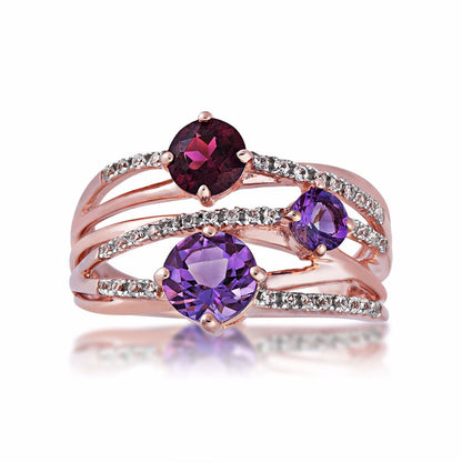 Multi-Gemstone and 1/6 ct. tw. Diamond Crossover Ring in 10K Pink Gold close-up detail