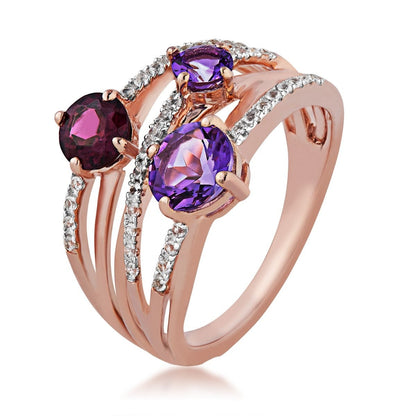 Multi-Gemstone and 1/6 ct. tw. Diamond Crossover Ring in 10K Pink Gold front view