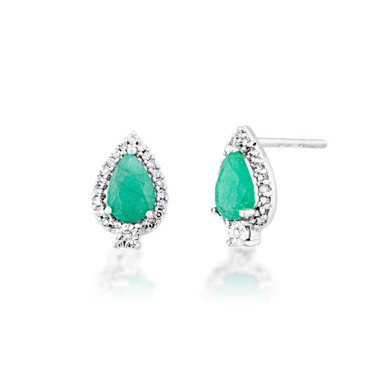 Genuine Pear Shaped Emerald & 1/10 ct. tw. Diamond Halo Earrings in 10K White Gold