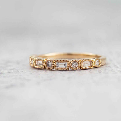 Perfect Match 1/4 ct. tw. Round & Straight Baguette Diamond Stackable Anniversary Ring in 14K Yellow Gold front view
