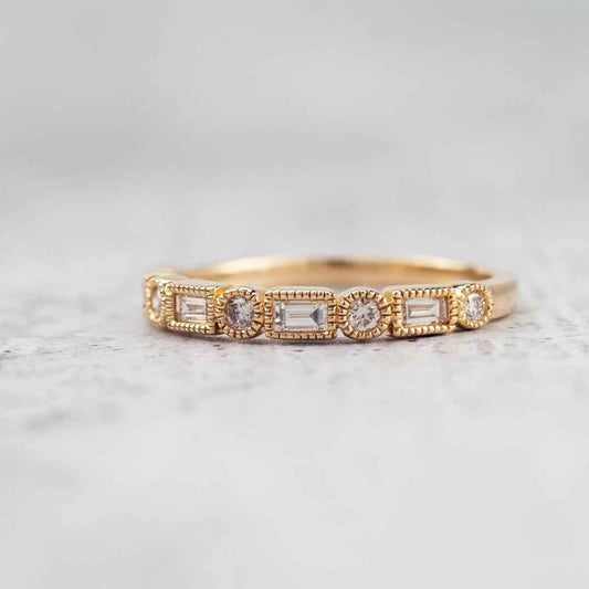 Perfect Match 1/4 ct. tw. Round & Straight Baguette Diamond Stackable Anniversary Ring in 14K Yellow Gold front view