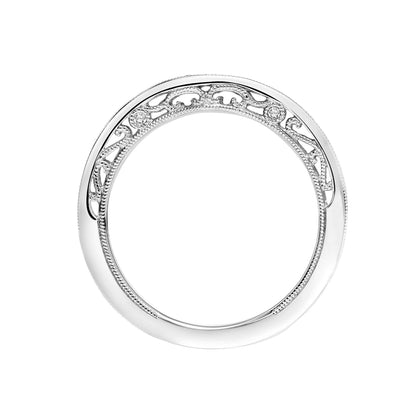 ArtCarved Vintage 1/3 ct. tw. Diamond Wedding Band with Milgrain Side Edging and Filigree Design in 14K White close-up detail