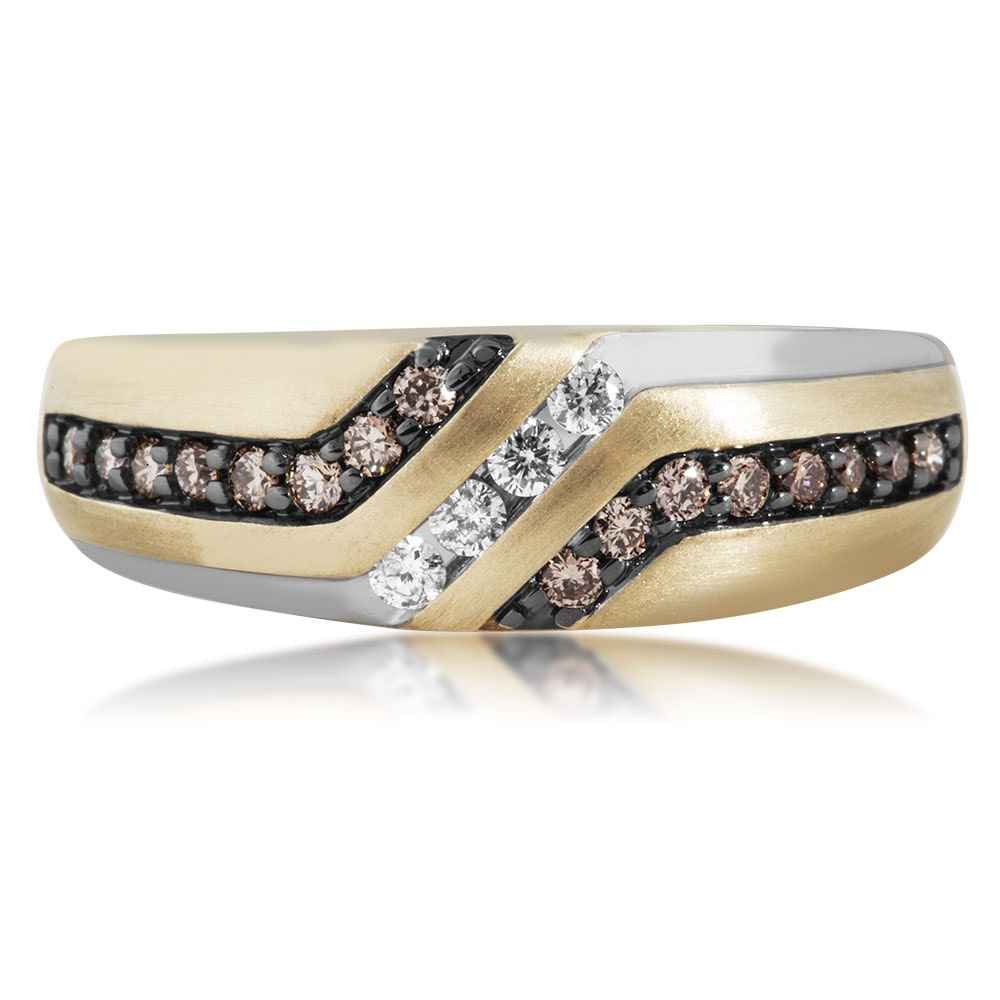 Men's 3/8 ct. tw. Round White & Mocha Modern Diamond Wedding Band with Black Rhodium Plating Accent in 10K Yellow front view