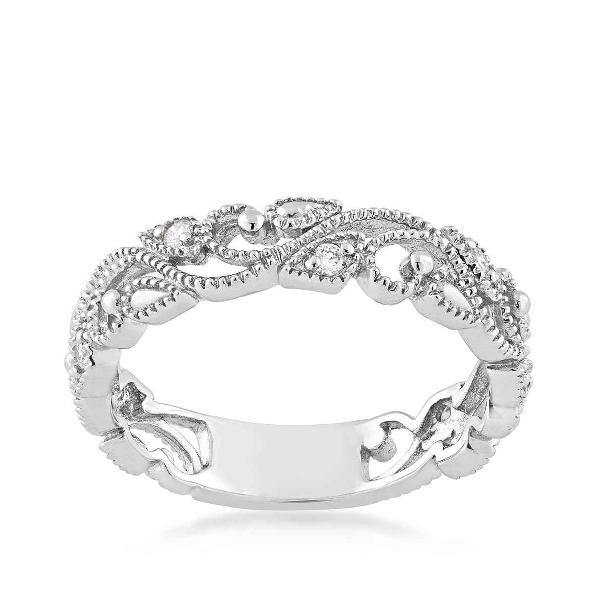 Perfect Match 1/10 ct. tw. Diamond Filigree & Milgrain Anniversary Ring in 10K White Gold