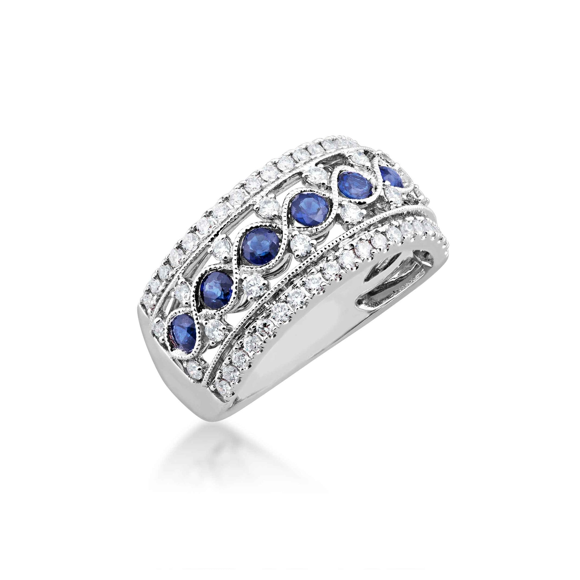Sapphire and 1/2 ct. tw. Diamond Infinity-Inspired Fashion Ring with Milgrain Detailing in 14K White Gold front view