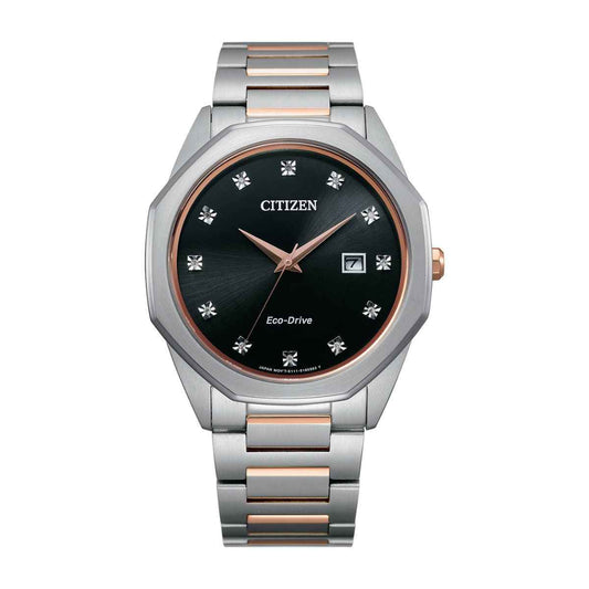 Citizen Men's Corso Eco-Drive Two-Tone Stainless Steel Watch with Black Dial and 12 Diamonds