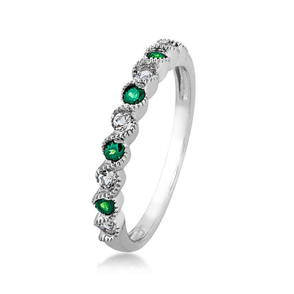 Created Round Emerald & White Topaz Stack Ring With Milgrain Twists in 10K White Gold front view