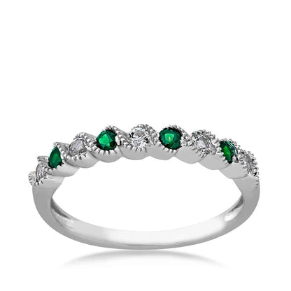Created Round Emerald & White Topaz Stack Ring With Milgrain Twists in 10K White Gold