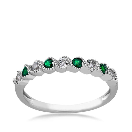Created Round Emerald & White Topaz Stack Ring With Milgrain Twists in 10K White Gold