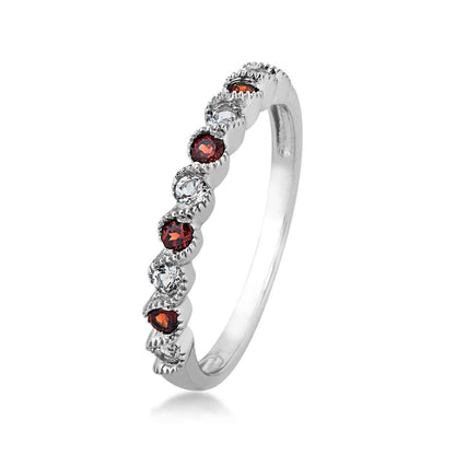 Genuine Round Garnet & Round White Topaz Stackable Ring with Milgrain Twist Band in 10K White Gold front view