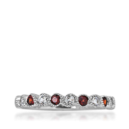 Genuine Round Garnet & Round White Topaz Stackable Ring with Milgrain Twist Band in 10K White Gold close-up detail