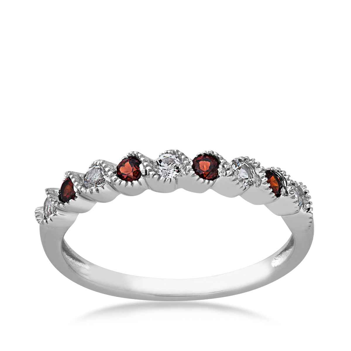 Genuine Round Garnet & Round White Topaz Stackable Ring with Milgrain Twist Band in 10K White Gold