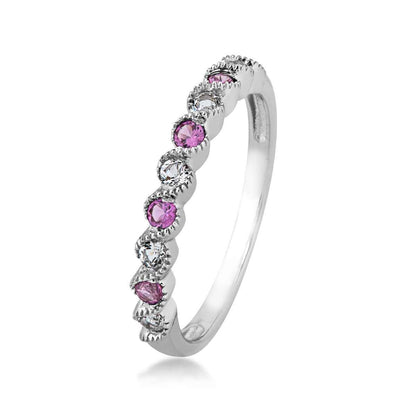 Created Pink Sapphire & White Topaz Stackable Ring with Milgrain Twist Band in 10K White Gold front view