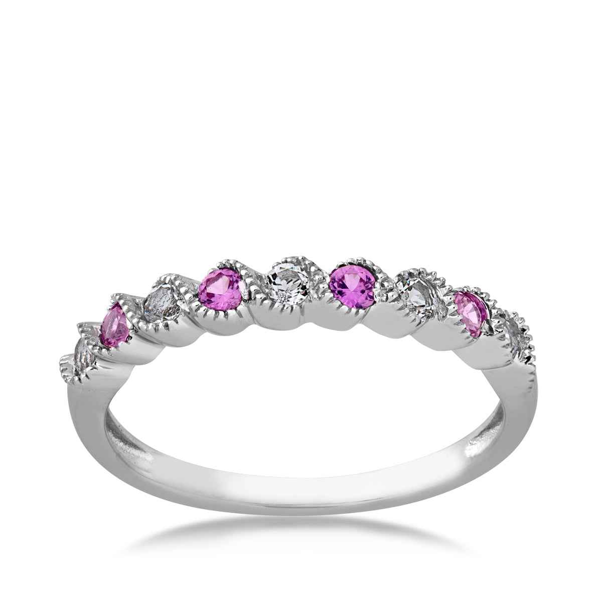 Created Pink Sapphire & White Topaz Stackable Ring with Milgrain Twist Band in 10K White Gold