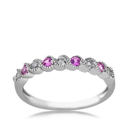 Created Pink Sapphire & White Topaz Stackable Ring with Milgrain Twist Band in 10K White Gold