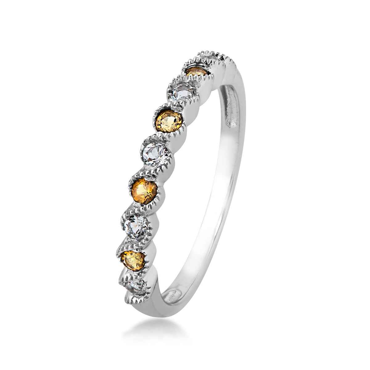 Genuine Round Citrine & White Topaz Stackable Ring with Milgrain Twist Band in 10K White Gold front view