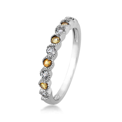 Genuine Round Citrine & White Topaz Stackable Ring with Milgrain Twist Band in 10K White Gold front view