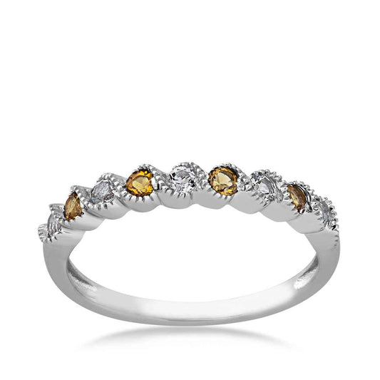 Genuine Round Citrine & White Topaz Stackable Ring with Milgrain Twist Band in 10K White Gold
