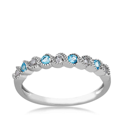 Genuine Swiss Blue & White Topaz Stackable Ring with Milgrain Twist Band in 10K White Gold