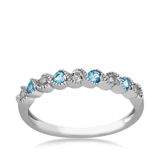 Genuine Swiss Blue & White Topaz Stackable Ring with Milgrain Twist Band in 10K White Gold