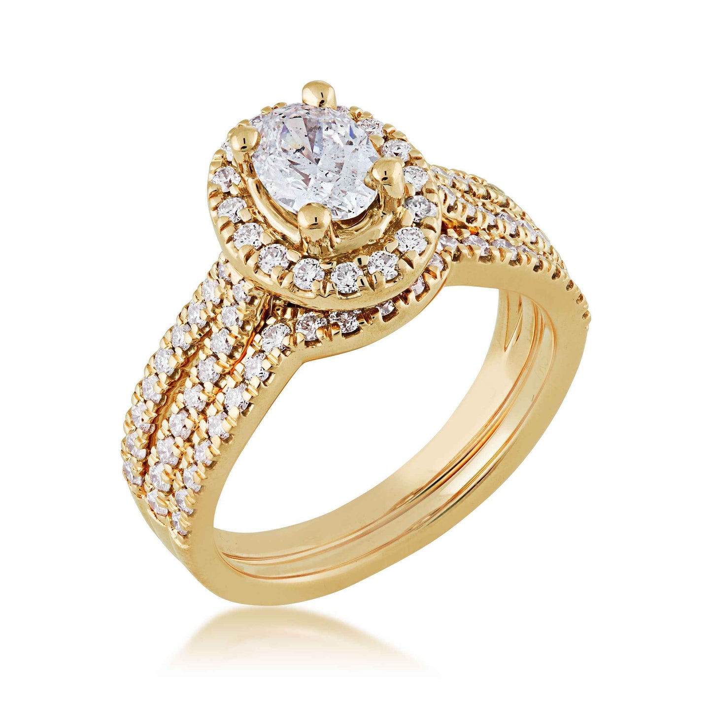 Noventa 1-1/2 ct. tw. Oval Diamond Halo Wedding Set with Cut-Out Band in 14K Yellow Gold front view