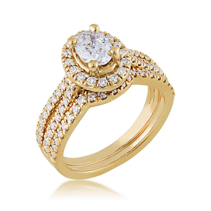 Noventa 1-1/2 ct. tw. Oval Diamond Halo Wedding Set with Cut-Out Band in 14K Yellow Gold front view