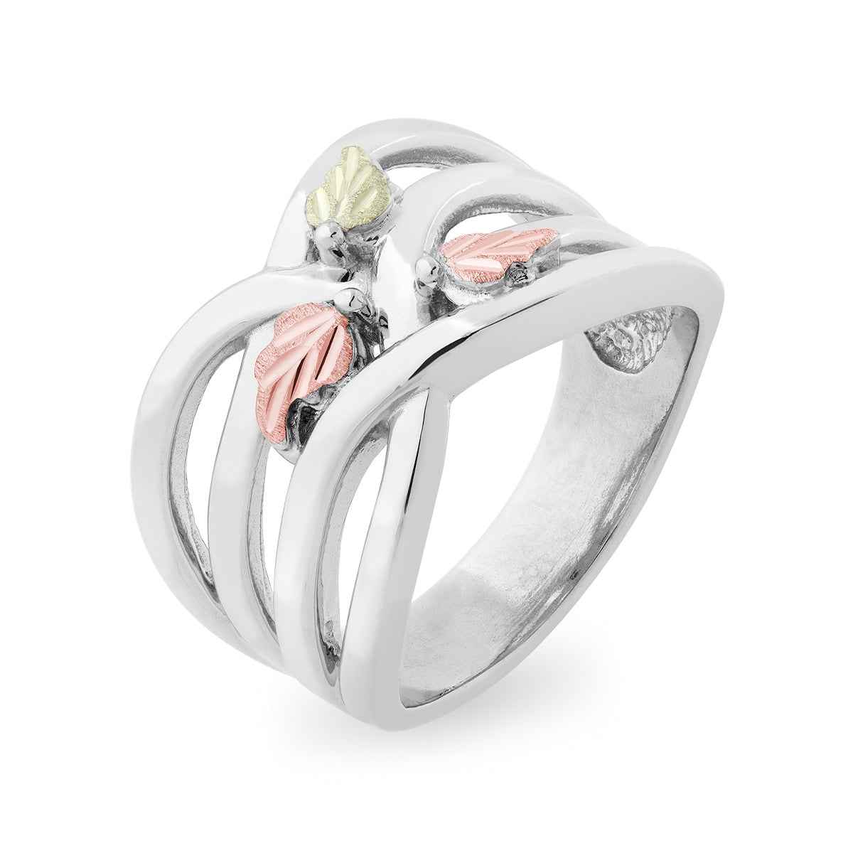 Black Hills Gold Three Leaf Crossover Ring in Sterling Silver front view