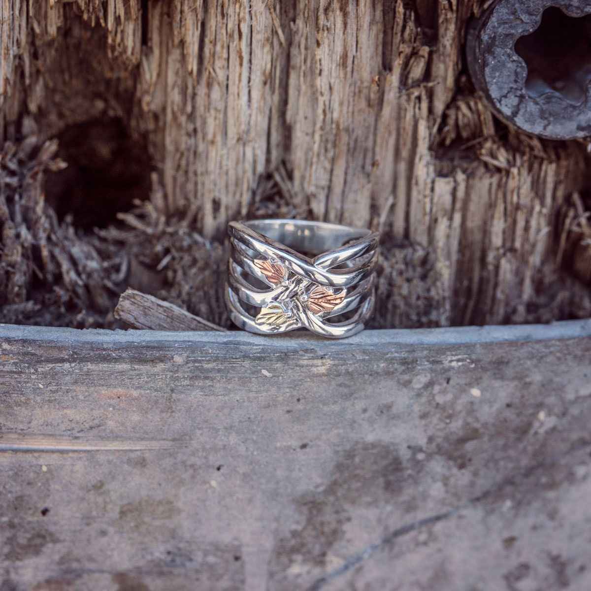 Black Hills Gold Three Leaf Crossover Ring in Sterling Silver close-up detail