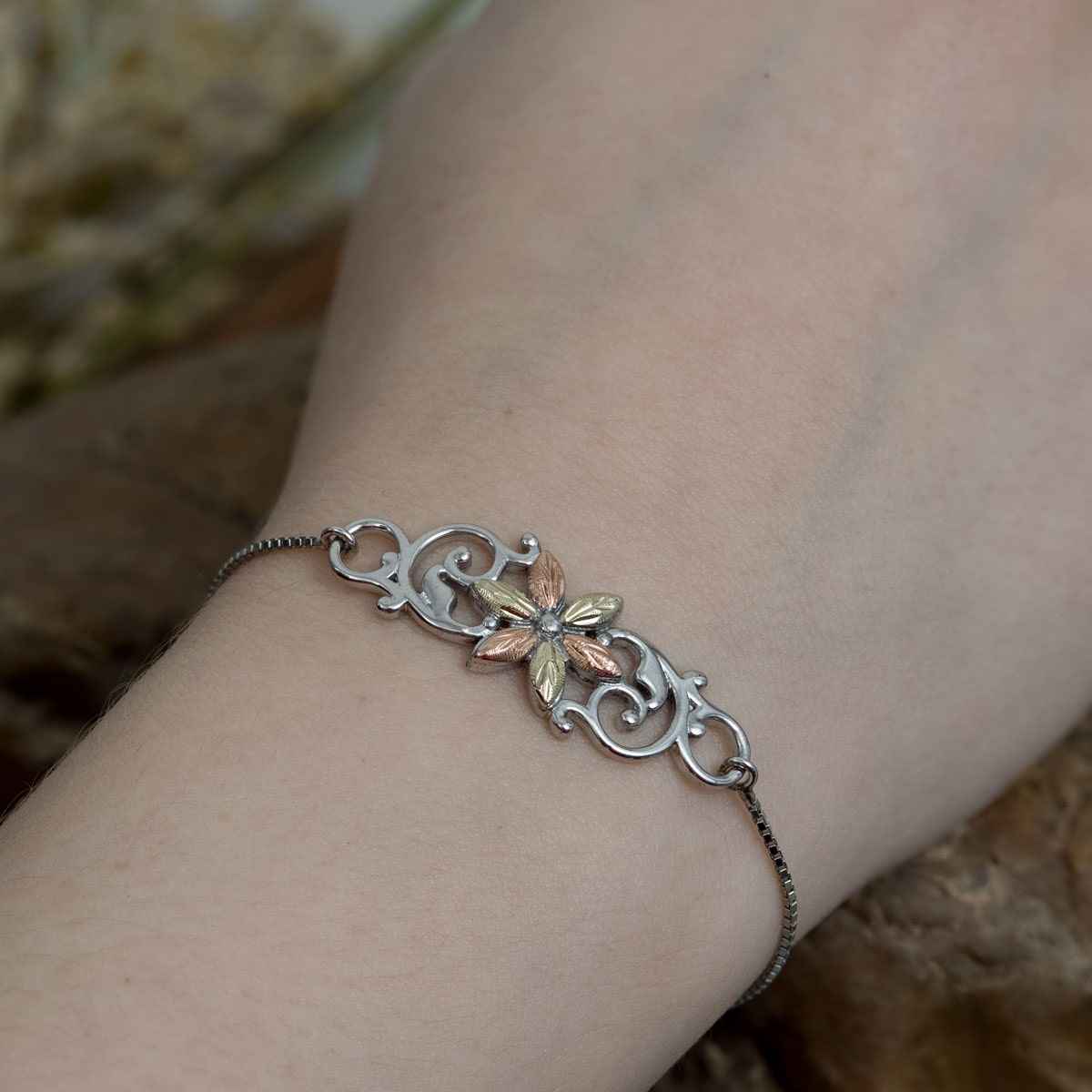 Black Hills Gold Leaf Flower & Vine Bolo Bracelet in Sterling Silver close-up detail