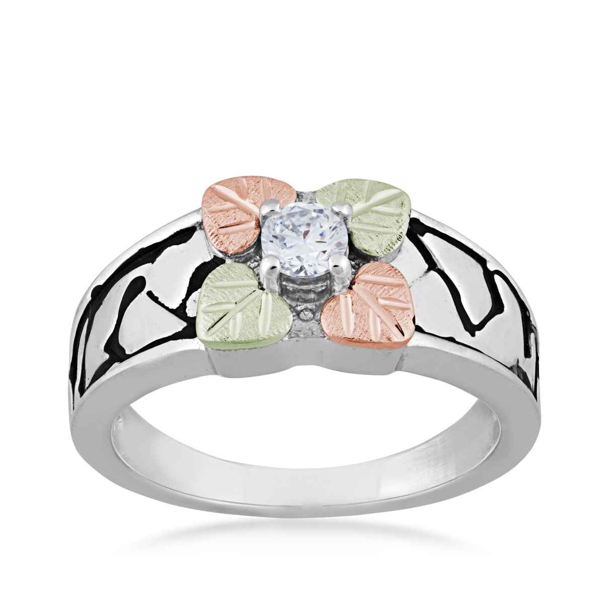 Black Hills Gold Round White Cubic Zirconia Four Leaf Ring in Sterling Silver
