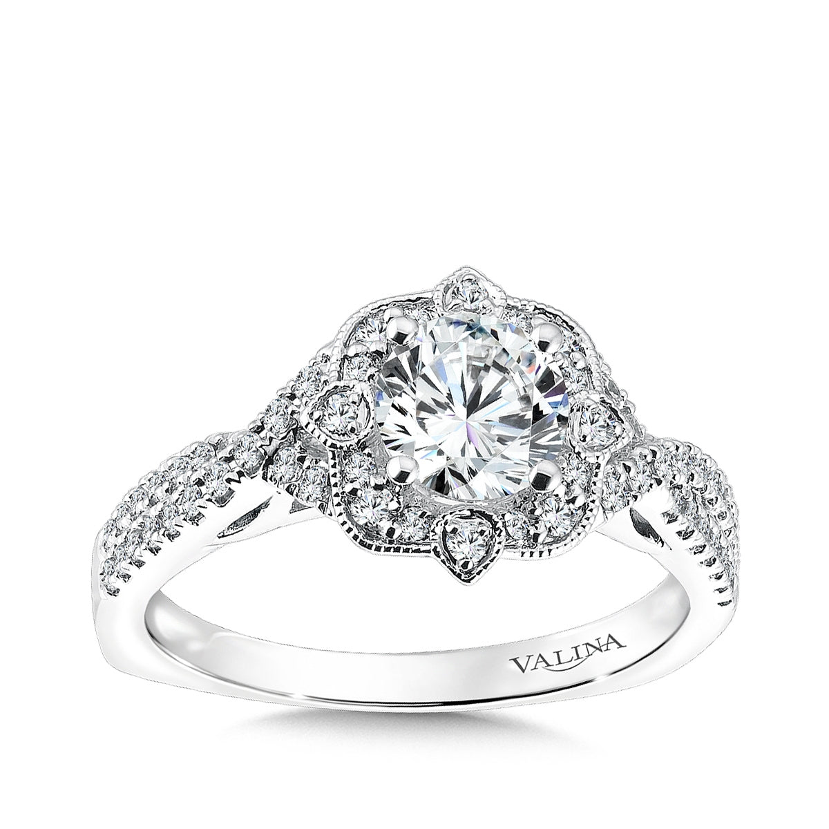 Valina 1/3 ct. tw. Diamond Vintage Milgrain Halo Round Semi-Mount Engagement Ring with European Shank in 14K White Gold