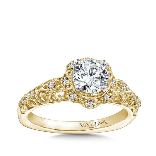 Valina 1/10 ct. tw. Diamond Filigree Round Semi-Mount Engagement Ring with European Shank in 14K Yellow Gold