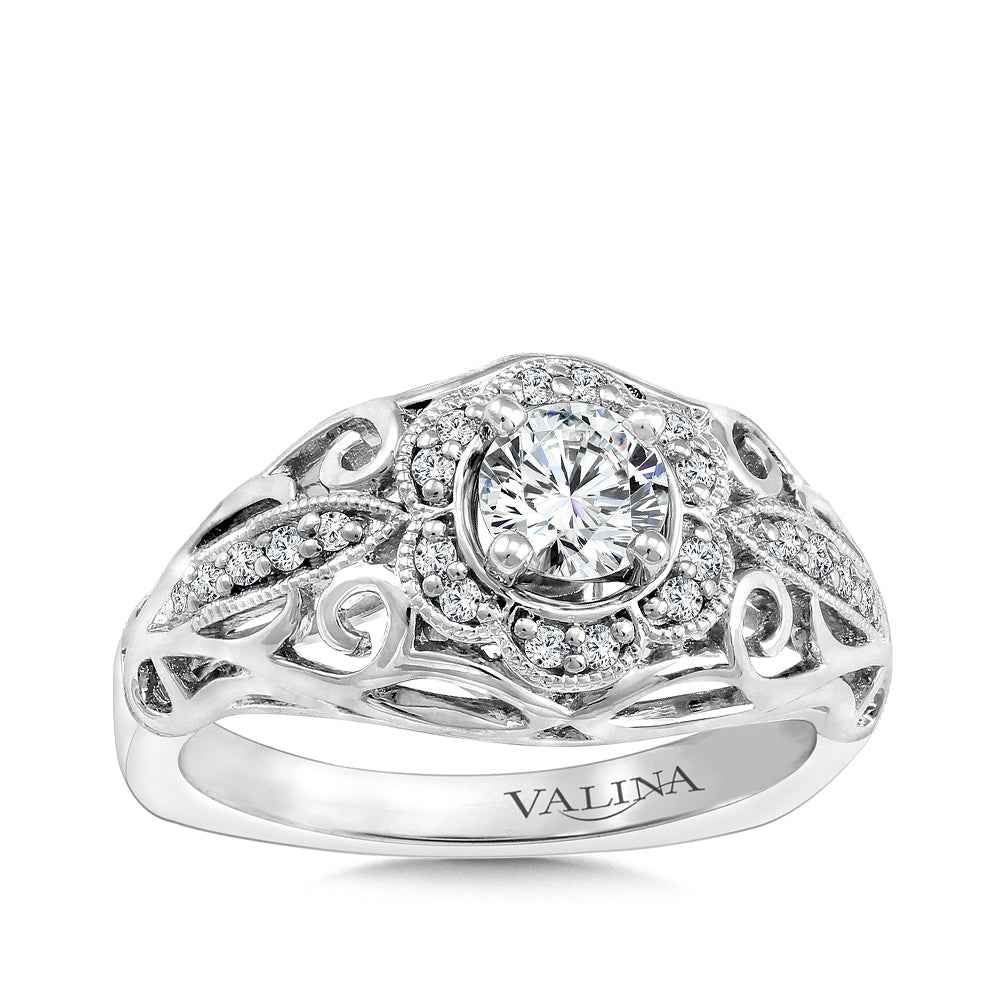 Valina 1/7 ct. tw. Diamond Floral Inspired Band Semi-Mount Engagement Ring with Filigree & Milgrain Details in 14K White Gold