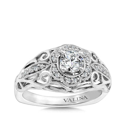 Valina 1/7 ct. tw. Diamond Floral Inspired Band Semi-Mount Engagement Ring with Filigree & Milgrain Details in 14K White Gold
