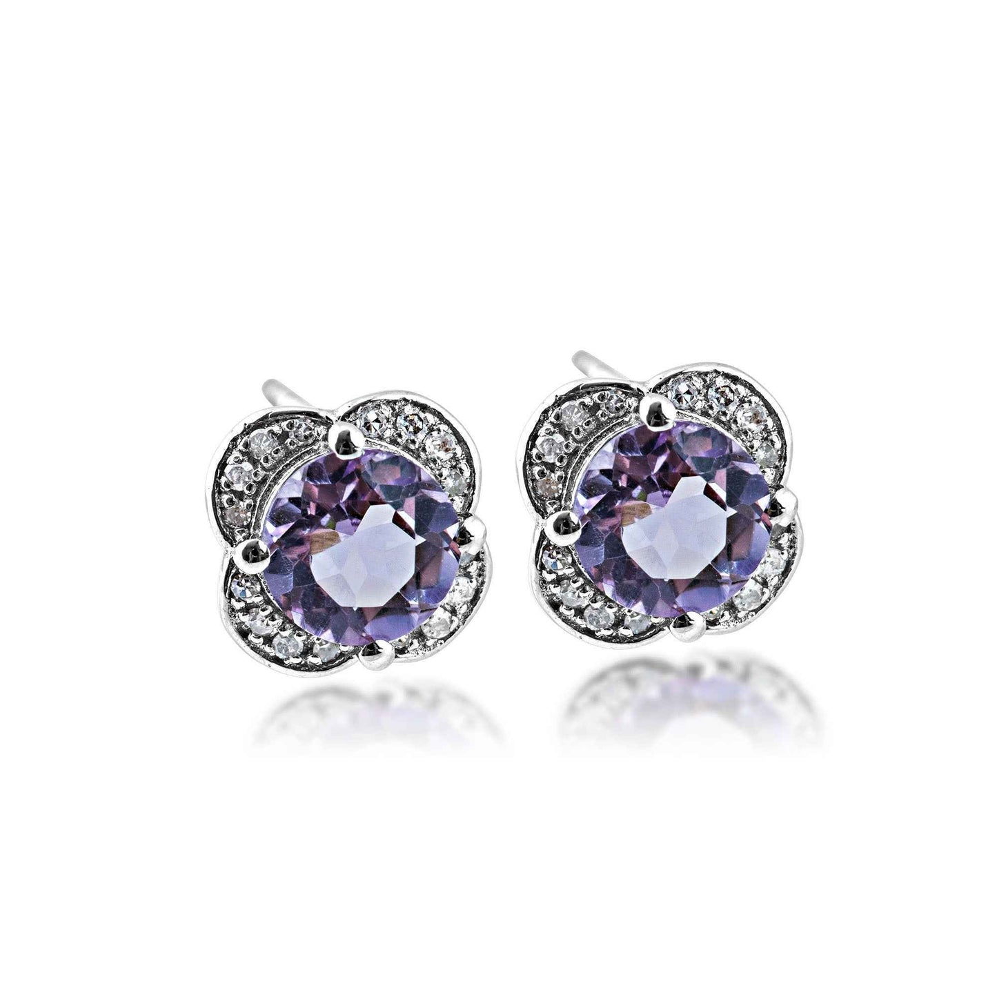 Genuine Round Amethyst Fashion Earrings with 1/10 ct. tw. Diamond Clover Halo in Sterling Silver