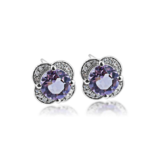 Genuine Round Amethyst Fashion Earrings with 1/10 ct. tw. Diamond Clover Halo in Sterling Silver