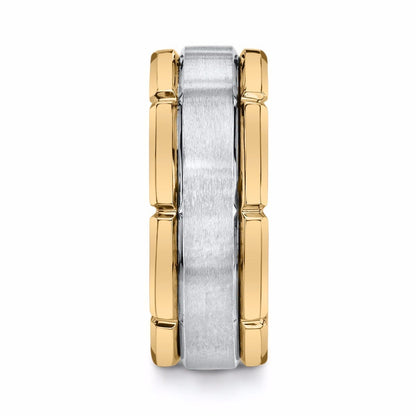 MFIT Men's Satin Center Wedding Band in 10K White & Yellow Gold front view