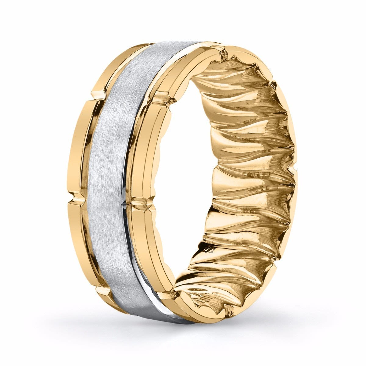 MFIT Men's Satin Center Wedding Band in 10K White & Yellow Gold close-up detail