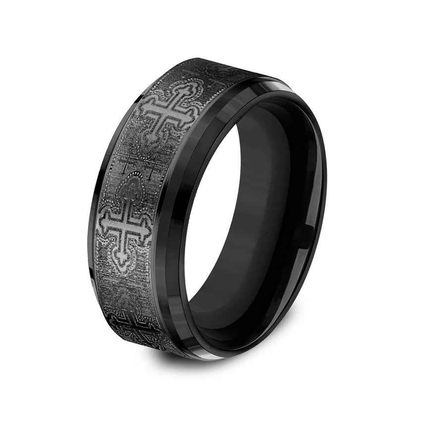 BENCHMARK Mens 9MM Black Titanium with Cross Design Wedding Band front view
