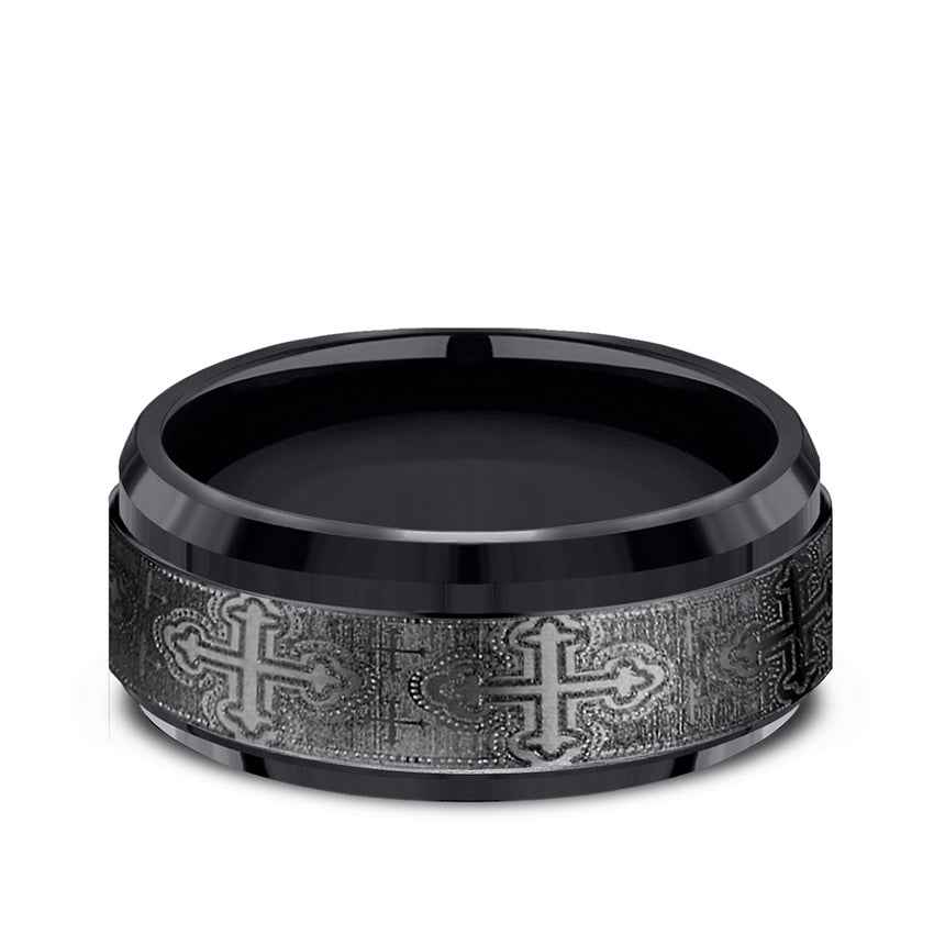BENCHMARK Mens 9MM Black Titanium with Cross Design Wedding Band close-up detail